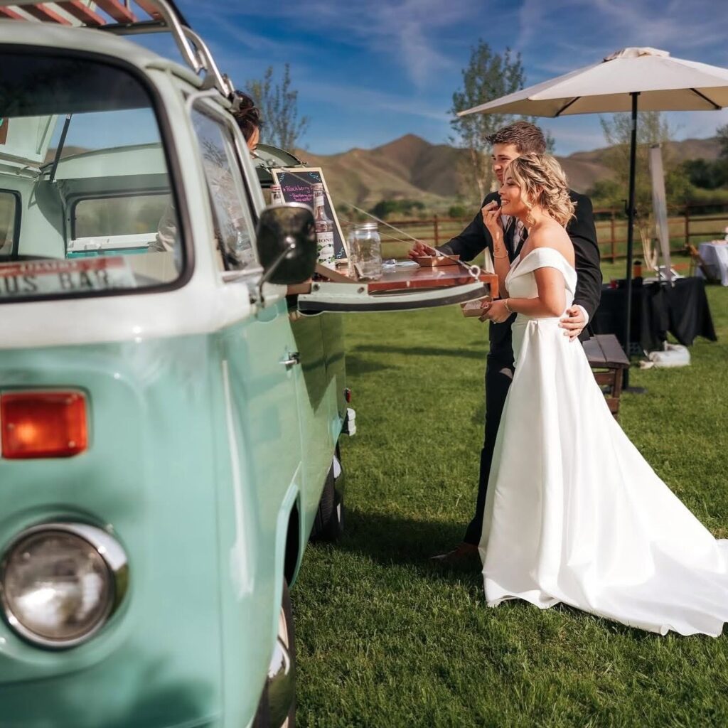Bride and groom at VW Bus Bar.